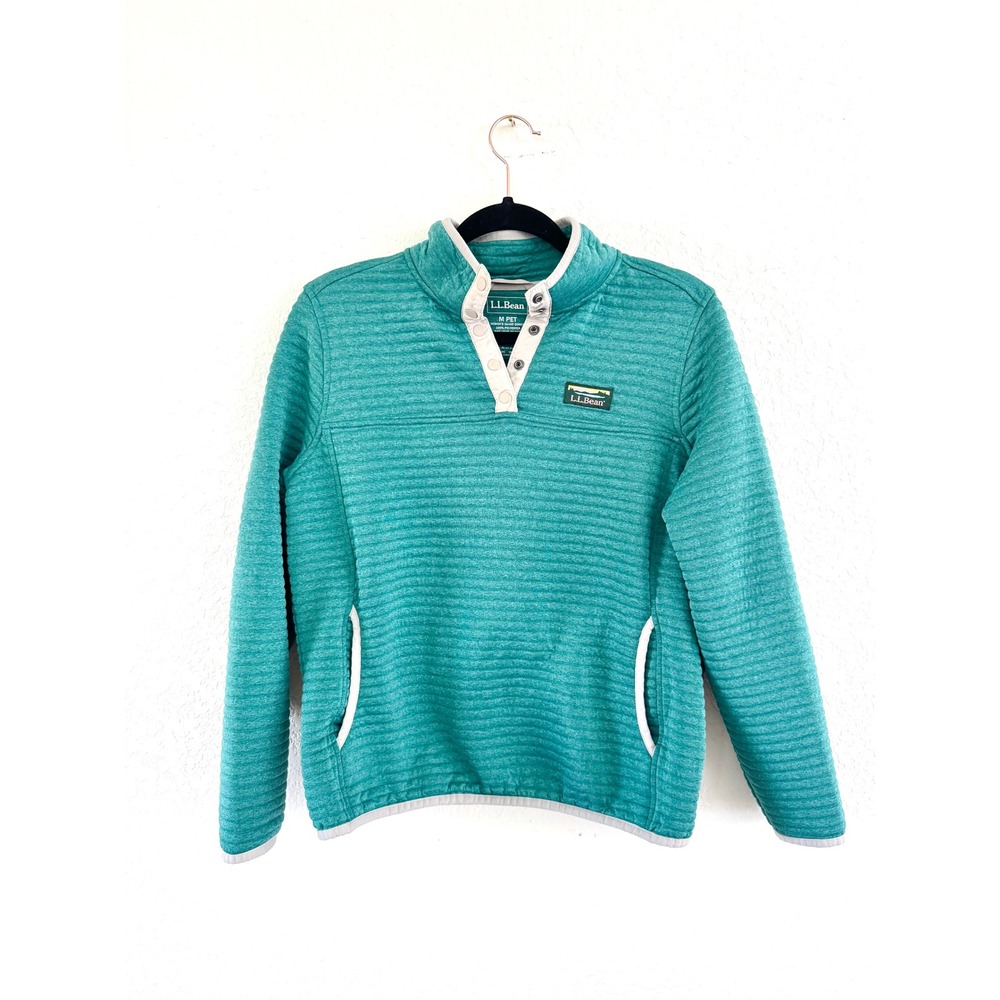 L.L.Bean Teal‎ Striped Pullover Fleece Jacket Women's Medium Snap Neck Pockets